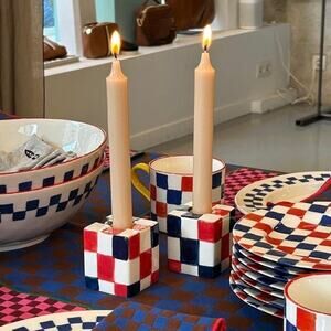 CLARE V X MONO PRIX Ceramic Candlestick Set White Blue Red Check Square Cube NEW